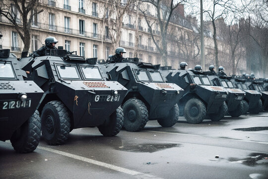 Riot Police Armored Vehicles on Parisian Street - generative ai