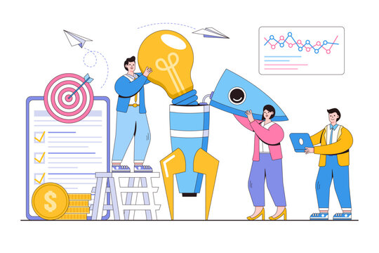 New ideas launch concept. Entrepreneurship teamwork on start up project startup. Outline design style minimal vector illustration for landing page, web banner, infographics, hero images