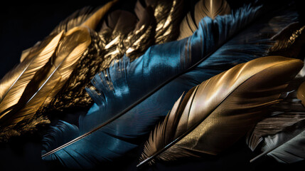 abstract background.blue and gold lush bird feathers on a dark background. generative AI