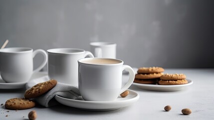 White cup, coffee and cookies on a white floored table. Coffee grains on the ground and dark background with copy space.