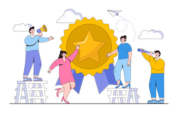Quality guarantee medal with star and ribbon. High quality rating people teamwork concept. Outline design style minimal vector illustration for landing page, web banner, infographics, hero images