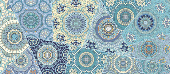 Vector patchwork quilt pattern. Vintage decorative collage. Hand drawn background. Indian, Arabic, Turkish motifs for printing on fabric or paper. Abstract colorful doodle pattern in mosaic style