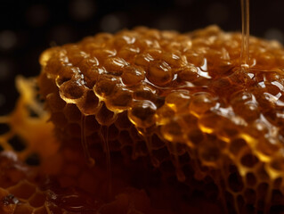 Sweet gold honeycomb and honey macro closeup. Healthy organic dessert for World Bee Day, Honey Bee Day. Generative AI