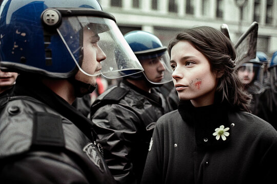 Young woman staring down riot police - generative ai