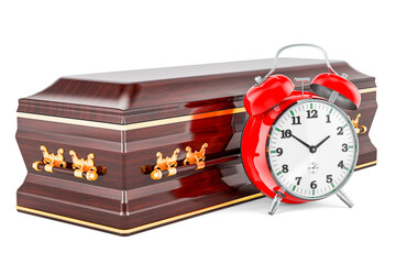 Wooden coffin with alarm clock, 3D rendering