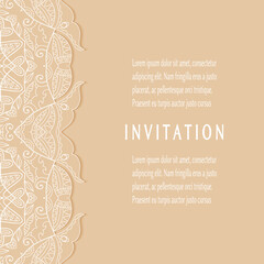 Invitation or Card template with lacе frame border, doodle line pattern, mandala element. Decorative openwork filigree art background for Wedding, Valentine's day greeting card, Birthday Invitation