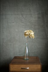 古道具の上に置かれた花瓶のドライフラワー