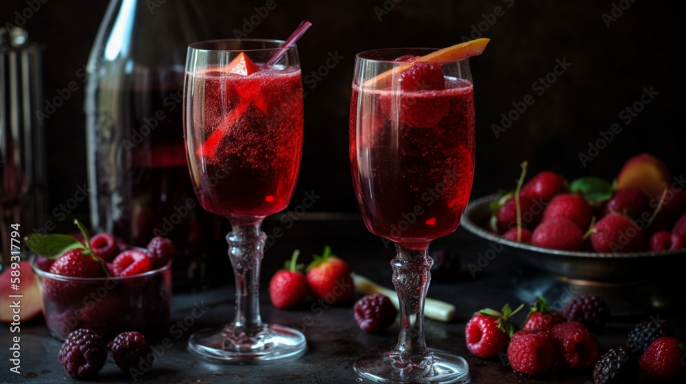 Sticker Red fruit cocktail with sparkling wine Generative AI