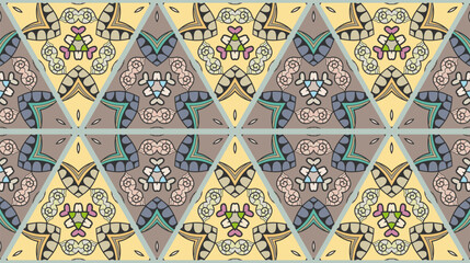 Colorful seamless triangle patchwork pattern. Abstract hand drawn art, stylized floral doodle ornament. Tribal ethnic arabic, indian decor. Vector collage quilt pattern. Textile fabric paper print
