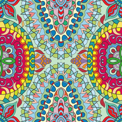 Hand drawn seamless graphic pattern, colorful artistic background with floral and geometric elements. Doodle ethnic mandala ornament for textile fabric, paper print. Surface texture 