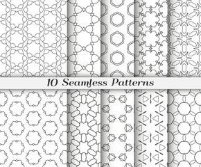 Seamless pattern set in arabic style. Stylish black and white graphic, geometric linear background. Line art texture for wallpaper, card, invitation, fabric print. Ethnic ornament, vector illustration