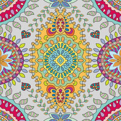 Hand drawn seamless graphic pattern, colorful artistic background with floral and geometric elements. Doodle ethnic mandala ornament for textile fabric, paper print. Surface texture 