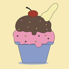 cupcake with cherry.ice cream in a glass.ice cream cone.Bright ice cream in a cup. Cute cartoon vector illustration isolated on white