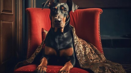 Noble Dobermann sitting on his armchair in a bathrobe