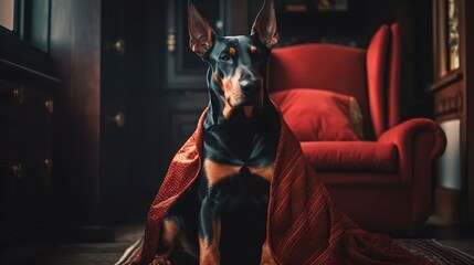 Noble Dobermann sitting on his armchair in a bathrobe