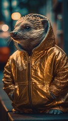 A Hedgehog ŵalks through the streets of downtown in his golden tracksuit 