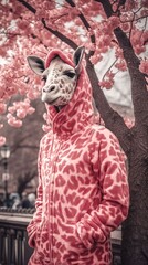 Giraffe in a rose plush tracksuit walks in the park 