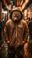 A Hedgehog ŵalks through the streets of downtown in his golden tracksuit 