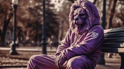 A purple lion mascot sitting on a park bench 