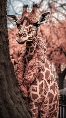 Giraffe in a rose plush tracksuit walks in the park