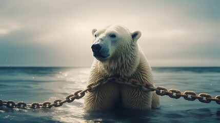 A chained Polar Bear sits on a melting floe in the middle of the ocean 