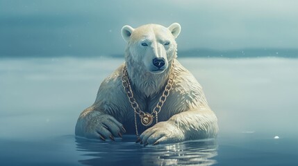 A Polar Bear sits on a melting floe in the middle of the ocean with his golden chain