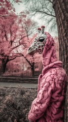Giraffe in a rose plush tracksuit walks in the park