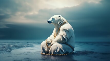 A Polar Bear sits on a melting floe in the middle of the ocean with his golden chain