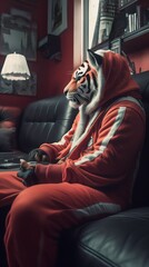 Tiger sits on the couch in his tracksuit and watches TV