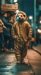 Fototapeta na wymiar A Hedgehog ŵalks through the streets of downtown in his golden tracksuit 