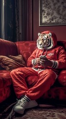 Tiger sits on the couch in his tracksuit and watches TV