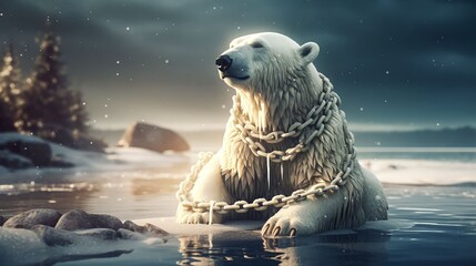 A Polar Bear sits on a melting floe in the middle of the ocean with his golden chain
