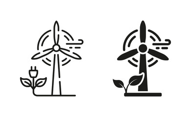 Ecology Windmill Line and Silhouette Icon Set. Eco Renewable Green Energy Pictogram. Wind Mill Farm Electric Power Symbol Collection on White Background. Isolated Vector Illustration