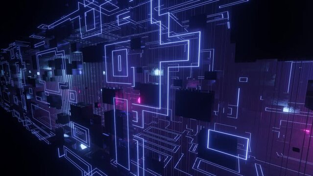 Hi-tech neon sci-fi tunel. Trendy neon glow lines form pattern and construction in mirror tunnel. Fly through technology cyberspace. 3d looped seamless 4k bright youth background.