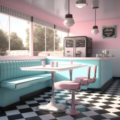 1950's dinner, white ceiling, pink detailed, view on the counter and booths, AI generated
