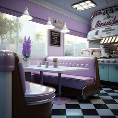 1950's dinner, white ceiling, purple detailed, view on the counter and booths, AI generated
