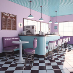 1950's dinner, white ceiling, purple detailed, view on the counter and booths, AI generated
