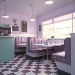 1950's dinner, white ceiling, purple detailed, view on the counter and booths, AI generated
