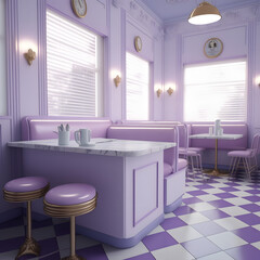 1950's dinner, white ceiling, purple detailed, view on the counter and booths, AI generated
