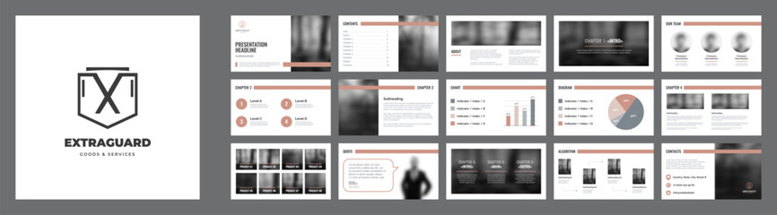 Presentation branding template with slide design and minimal geometric logo. Corporate identity style with color background and pictures mockup. Presentation for wide screen devices.