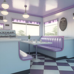 1950's dinner, white ceiling, purple detailed, view on the counter and booths, AI generated
