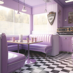 1950's dinner, white ceiling, purple detailed, view on the counter and booths, AI generated

