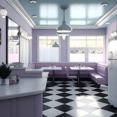 1950's dinner, white ceiling, purple detailed, view on the counter and booths, AI generated
