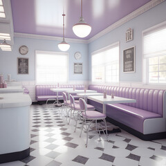 1950's dinner, white ceiling, purple detailed, view on the counter and booths, AI generated
