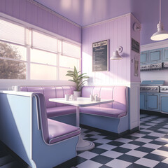 1950's dinner, white ceiling, purple detailed, view on the counter and booths, AI generated

