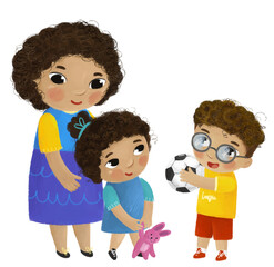 cartoon scene with happy loving family mother son and daughter on white background illustration for children