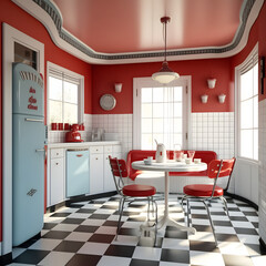 1950's dinner, white ceiling, red detailed, view on the counter and booths, AI generated
