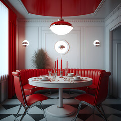 1950's dinner, white ceiling, red detailed, view on the counter and booths, AI generated
