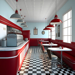 1950's dinner, white ceiling, red detailed, view on the counter and booths, AI generated

