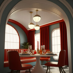 1950's dinner, white ceiling, red detailed, view on the counter and booths, AI generated
